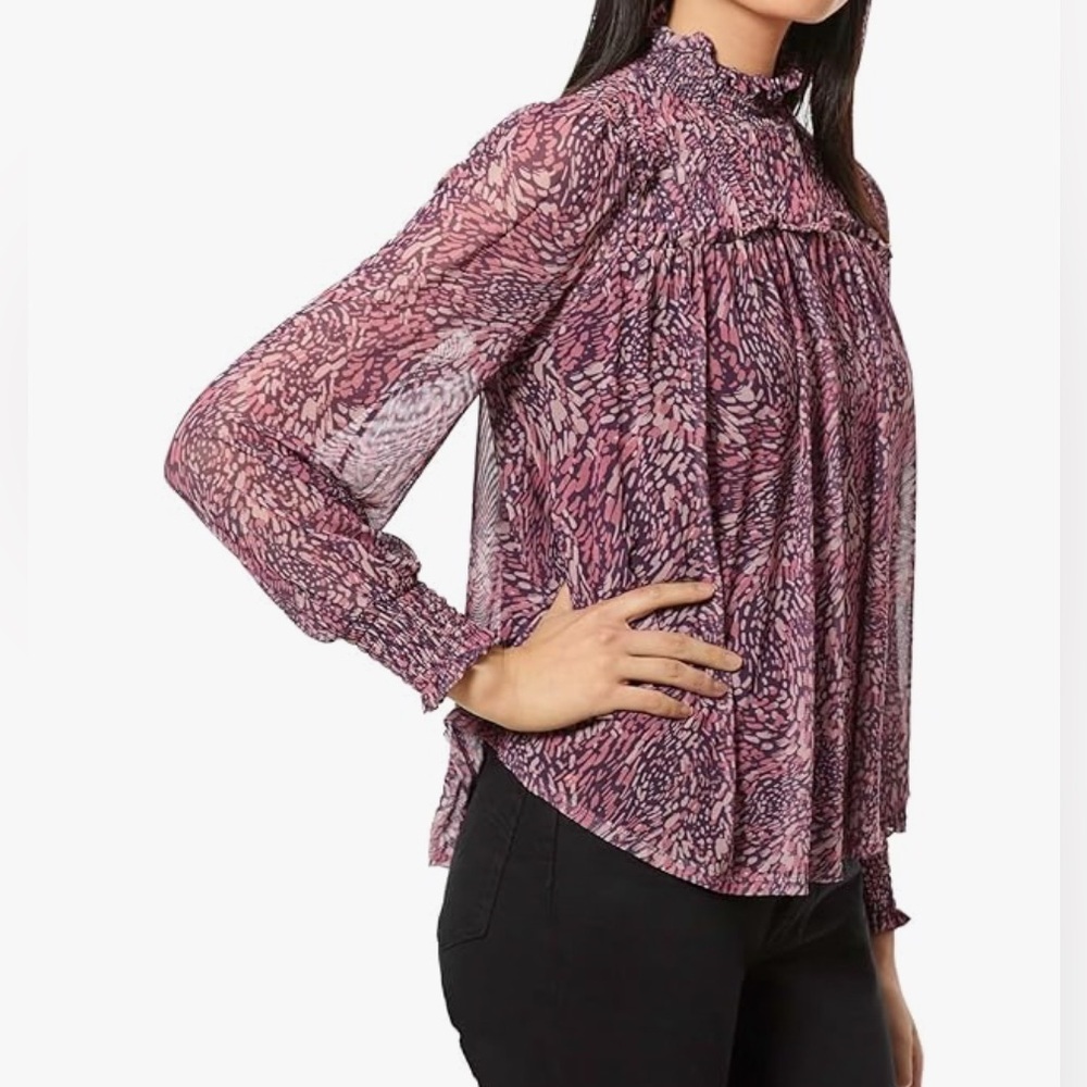 Cable & Gauge Pleated Blouse with Smocking Patterned Blouse Size:M Sheer sleeves
